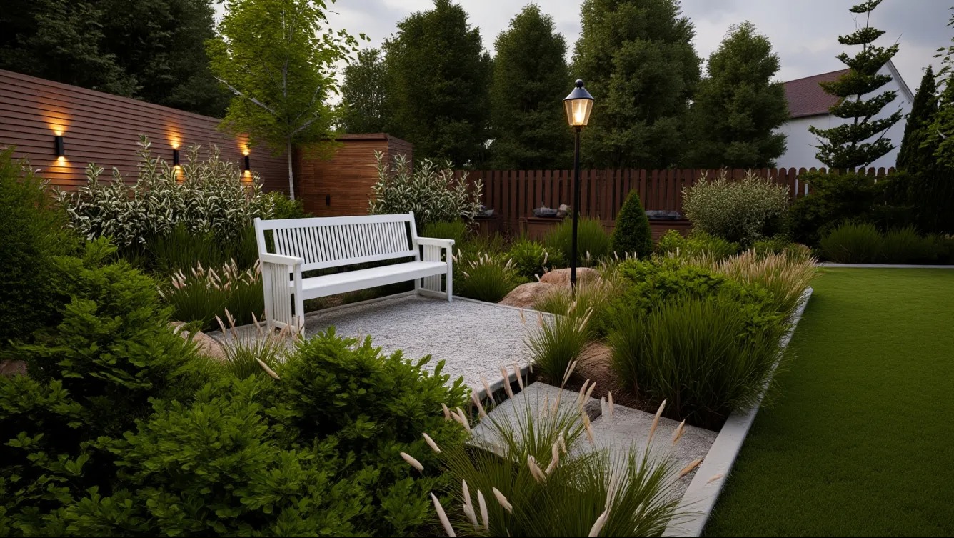 Nowoczesny ogród z białym siedziskiem na żwirowym podłożu, oświetlony lampą i dekoracyjnymi krzewami, otoczony drewnianym ogrodzeniem z lampami ściennymi.