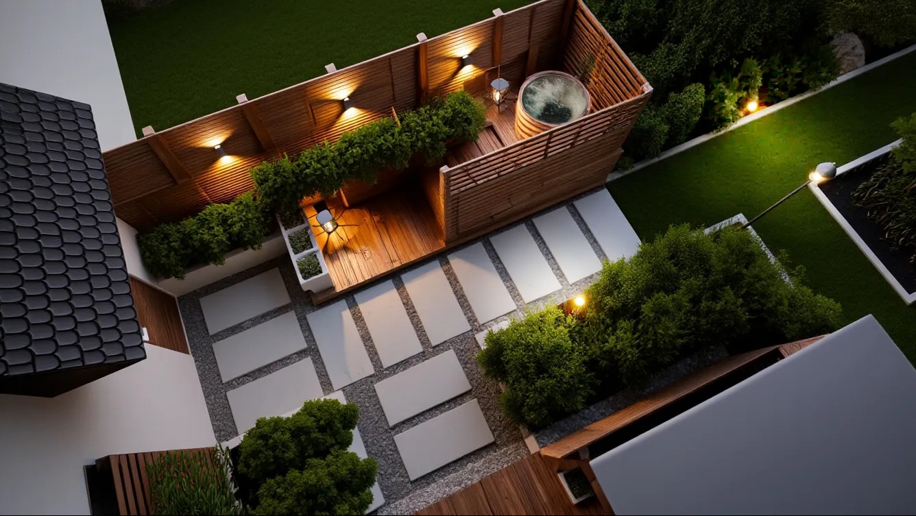 Nowoczesny ogród z drewnianą strefą relaksu, jacuzzi i oświetleniem, widok z góry. Jasne płyty chodnikowe i bujna zieleń tworzą harmonijną przestrzeń.