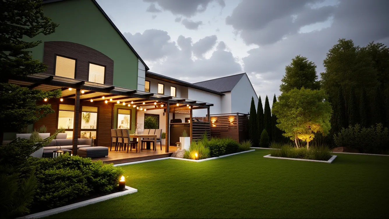 Oświetlony ogród z tarasem, pergola z girlandami, nowoczesny dom z zieloną elewacją i starannie zaprojektowaną zielenią.