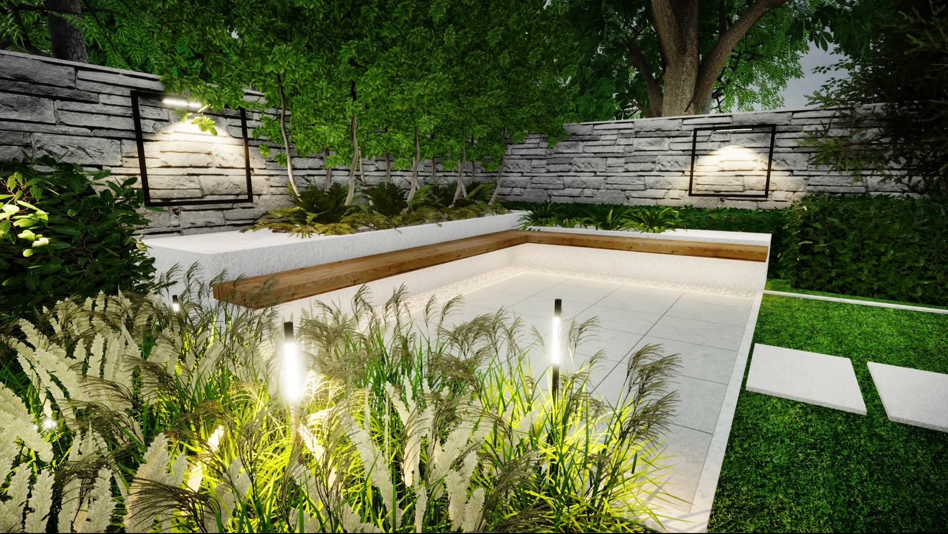 Nowoczesny ogród z podświetlaną strefą relaksu: drewniana ławka, płytki, dekoracyjne trawy i kamienny mur z lampami. Wizualizacja projektu.