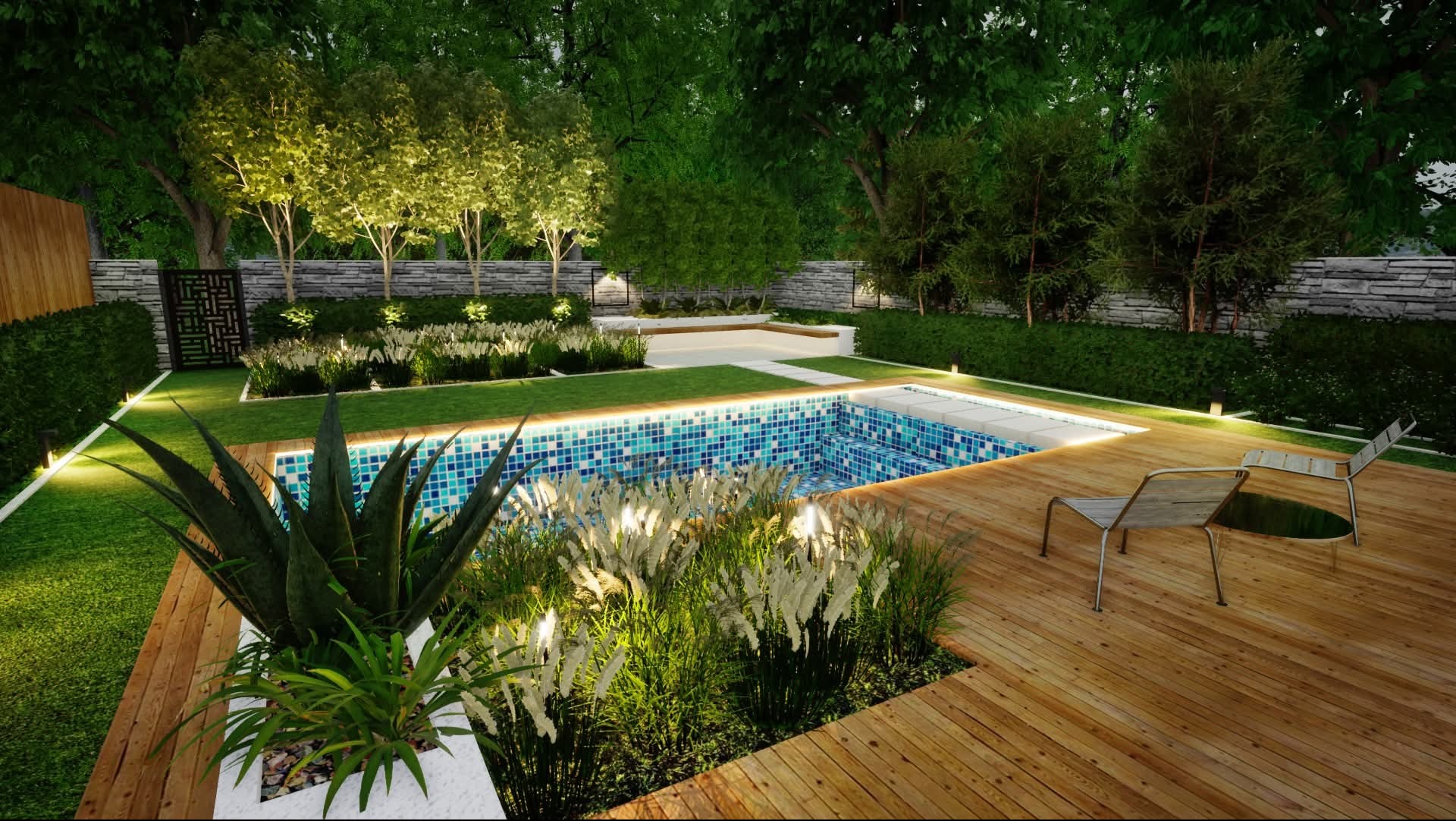 Wizualizacja ogrodu z basenem, drewnianym tarasem i bujną roślinnością. Oświetlenie podkreśla detale, tworząc przyjemną atmosferę.