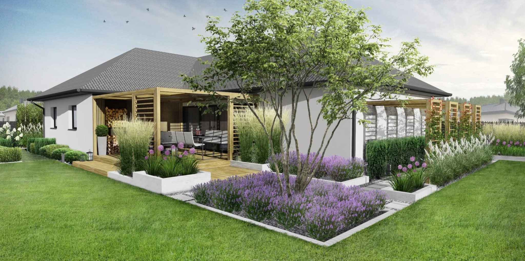 Wizualizacja ogrodu z drewnianą pergolą, rabatami lawendy i ozdobnymi trawami. Nowoczesny projekt z elementami małej architektury.