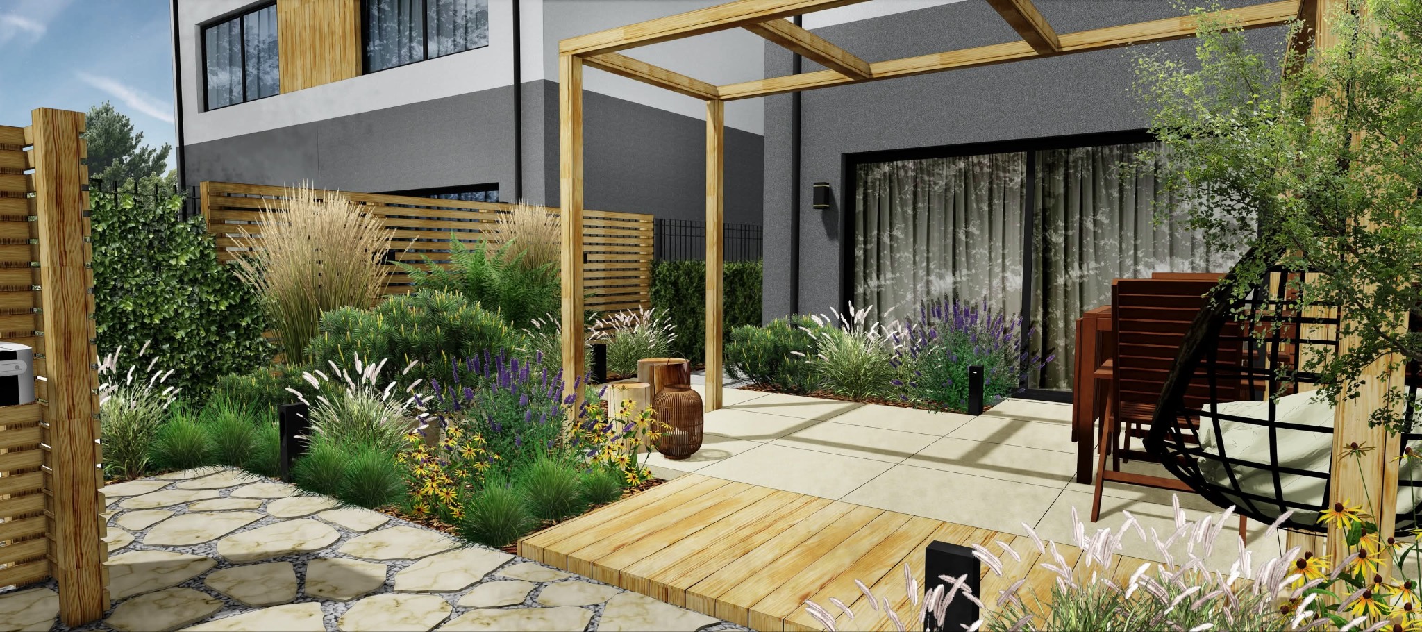 Wizualizacja ogrodu z drewnianą pergolą, ścieżką z kamieni i nowoczesnym tarasem. Roślinność ozdobna, trawy i drewniane akcenty tworzą spójną przestrzeń.