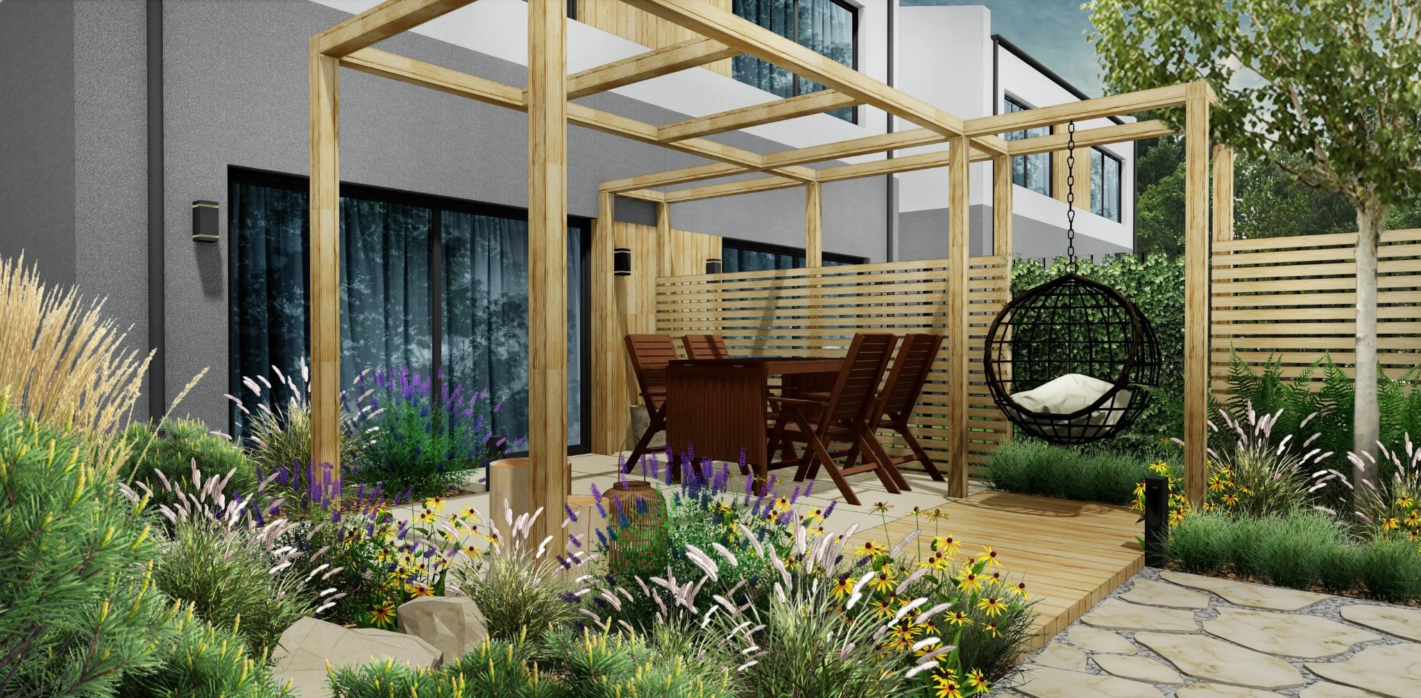 Nowoczesny ogród: drewniana pergola nad stołem, wiszące krzesło, kwitnące rabaty. Stonowana kolorystyka, płot z desek. Projekt z dbałością o detale.