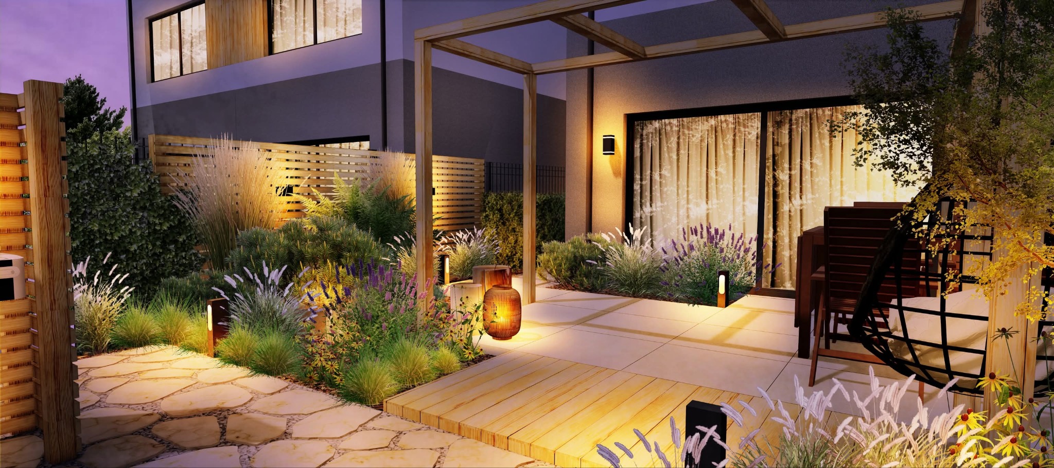 Oświetlony ogród z drewnianą pergolą i ścieżką z kamienia, z lampami ogrodowymi i bujną roślinnością, widok na taras i elewację budynku.