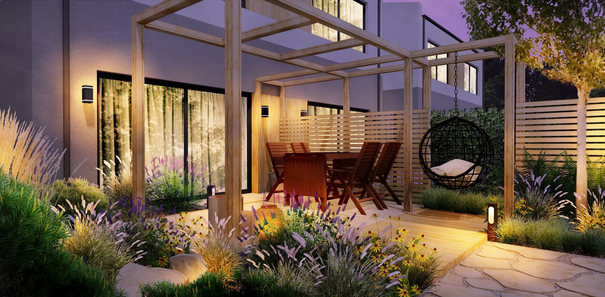 Oświetlony ogród z pergolą i wiszącym fotelem w Warszawie. Widoczne kwiaty, trawy ozdobne i kamienna ścieżka. Przytulna aranżacja przestrzeni.