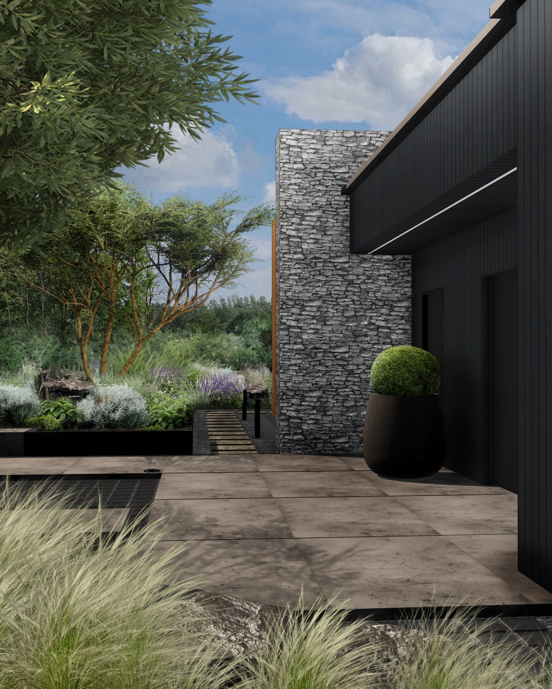 Nowoczesny ogród w Warszawie z kamienną elewacją, minimalistycznym tarasem i ozdobnymi trawami. Projekt z dbałością o detale i harmonię z architekturą budynku.