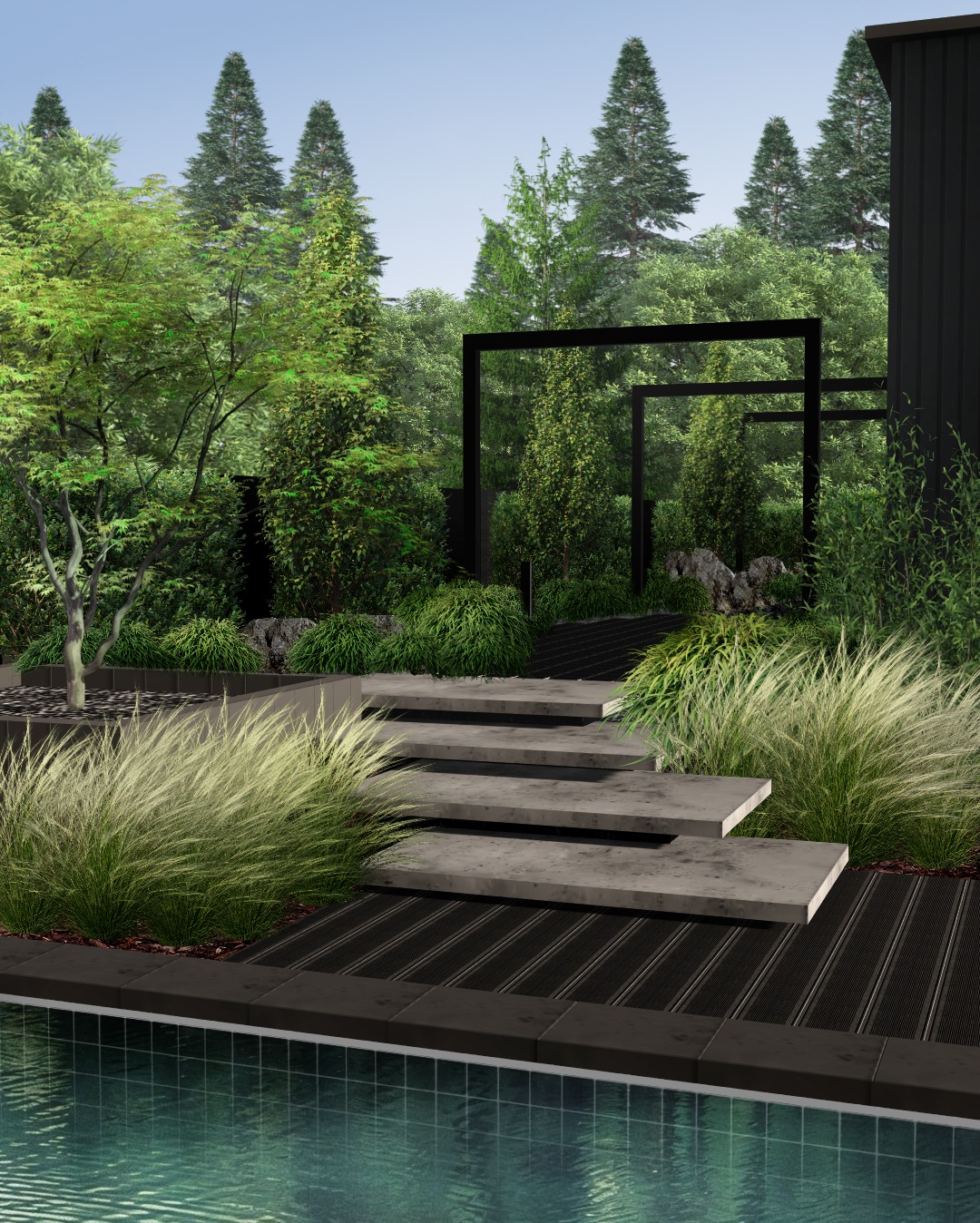 Nowoczesny ogród z basenem: minimalistyczne schody z betonu, ozdobne trawy i geometryczne ramy w tle. Stonowana kolorystyka, elegancki design.
