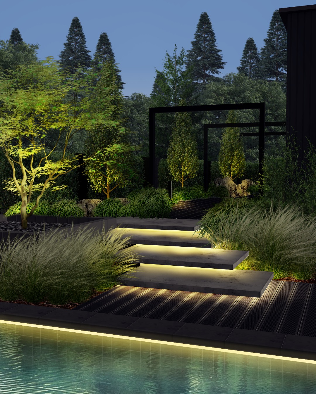 Oświetlone schody prowadzą przez bujny ogród z basenem. Nowoczesne ramy architektoniczne w tle. Nastrojowe oświetlenie podkreśla roślinność i elementy wodne.