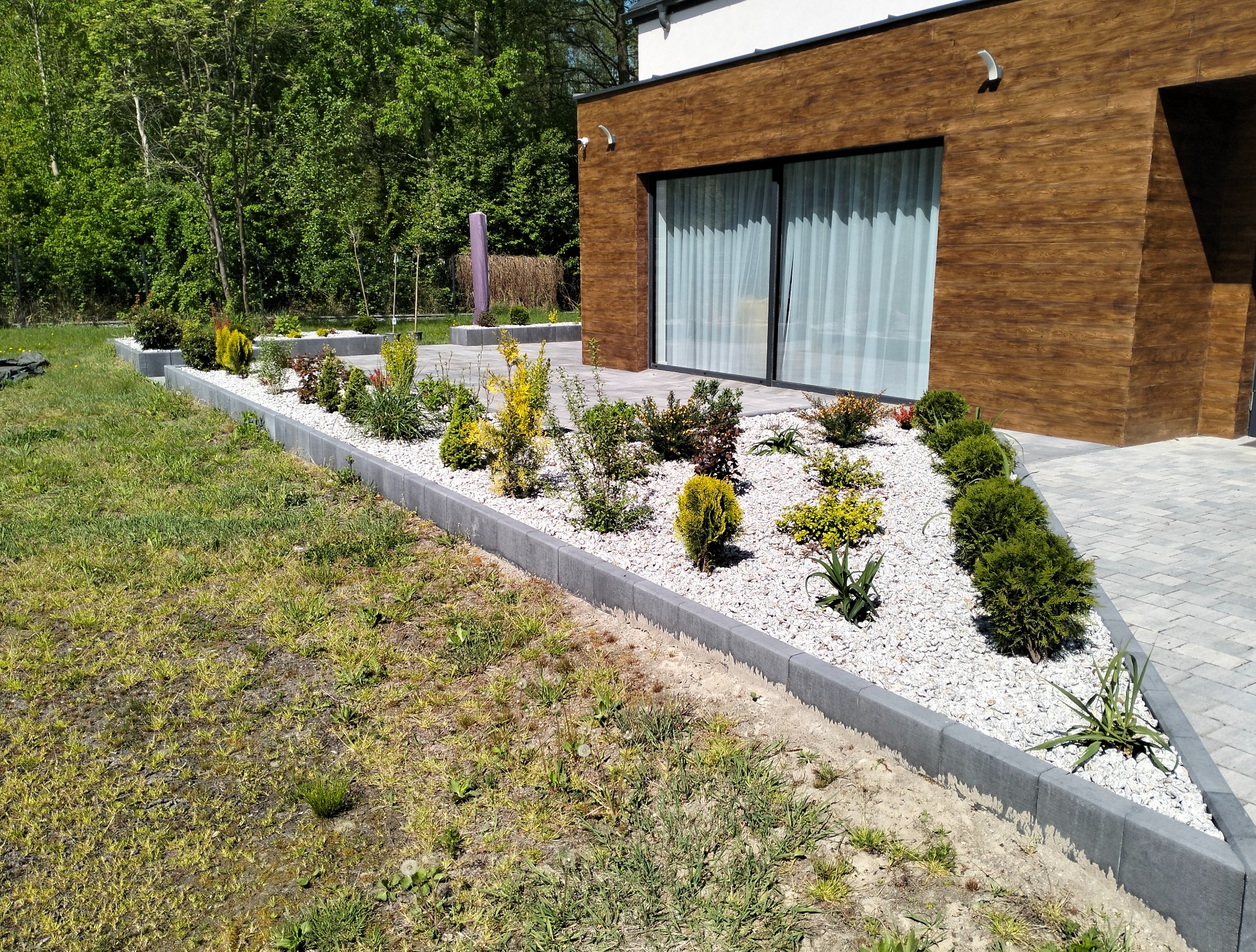 Nowoczesny ogród z obrzeżami z kostki brukowej, białym żwirem i różnorodną roślinnością. Widoczne elementy architektury domu z drewnianą elewacją i dużym oknem.