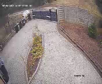 Szeroki kadr na podjazd z kostki granitowej w kształcie wachlarza, z czarną bramą i ogrodzeniem z desek po prawej. Widoczny fragment trawnika i rośliny.