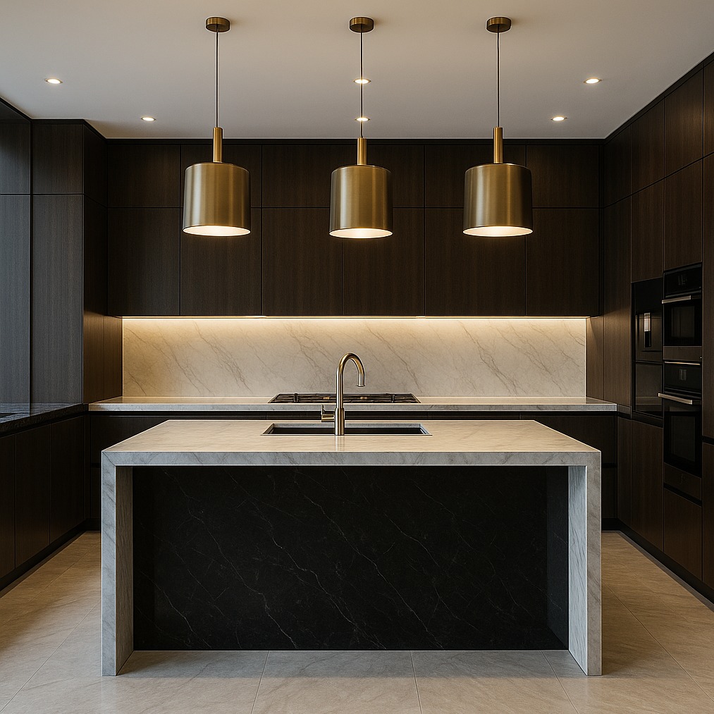 Nowoczesna kuchnia z wyspą i marmurowym blatem, oświetlona trzema złotymi lampami wiszącymi. Ciemne drewniane szafki i marmurowy backsplash dodają elegancji.