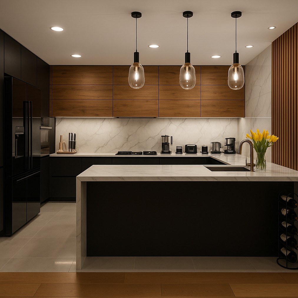 Nowoczesna kuchnia z czarnymi szafkami, drewnianymi górnymi szafkami i marmurowym blatem. Wiszące lampy dodają elegancji. Widoczny regał na wino.