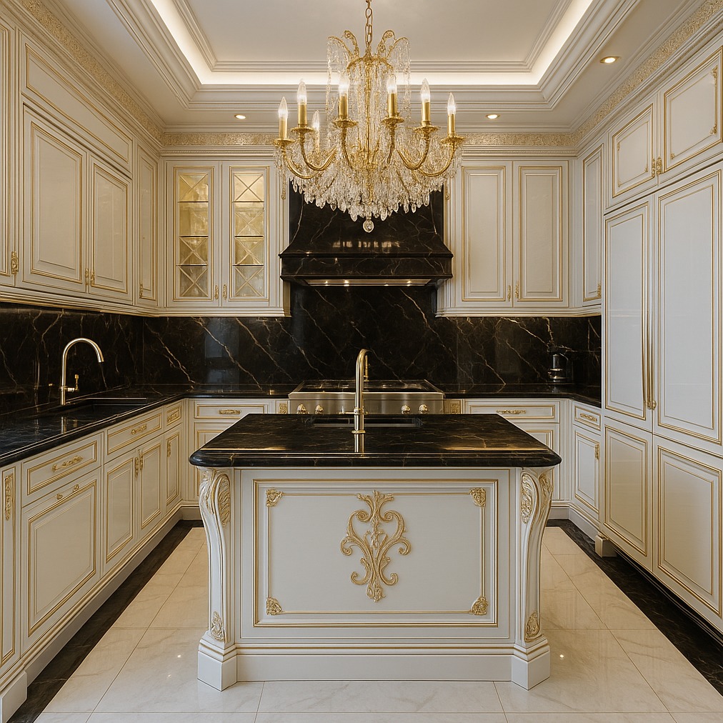 Elegancka kuchnia w stylu klasycznym: białe szafki z złoceniami, czarny marmur na blacie i ścianie, kryształowy żyrandol, wyspa kuchenna z dekoracyjnymi ornamentami.