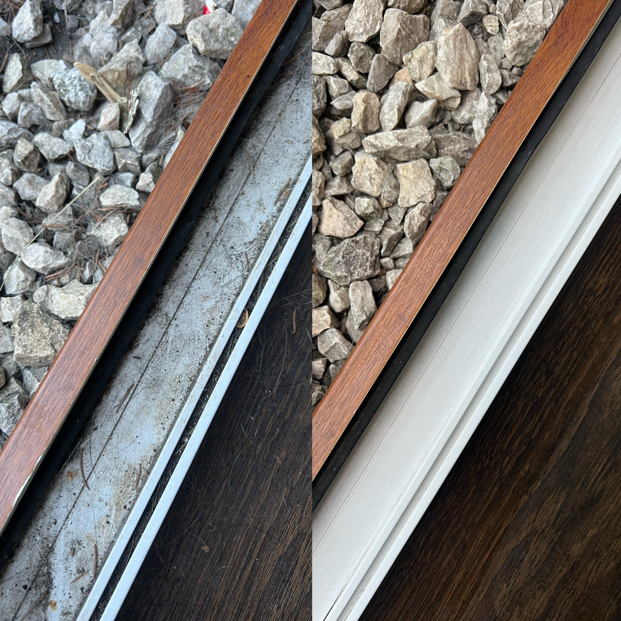 Zdjęcie okna PCV przed i po czyszczeniu, z widocznymi zabrudzeniami i efektem odświeżenia. Kamienie w tle dodają kontrastu.