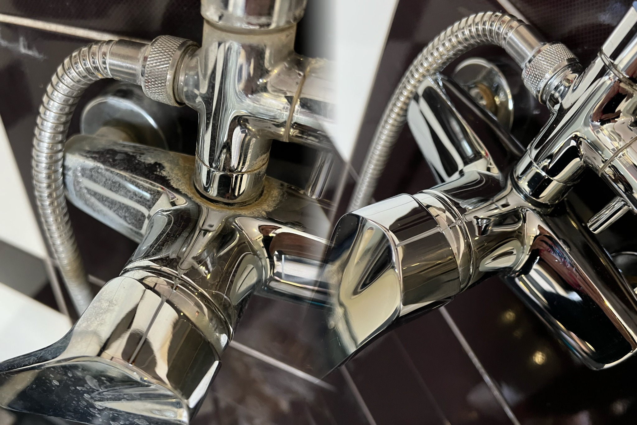 Kran łazienkowy przed i po czyszczeniu, widoczne osady i połysk po zabiegu. Porównanie efektu sprzątania na armaturze, z bliska, na tle płytek.