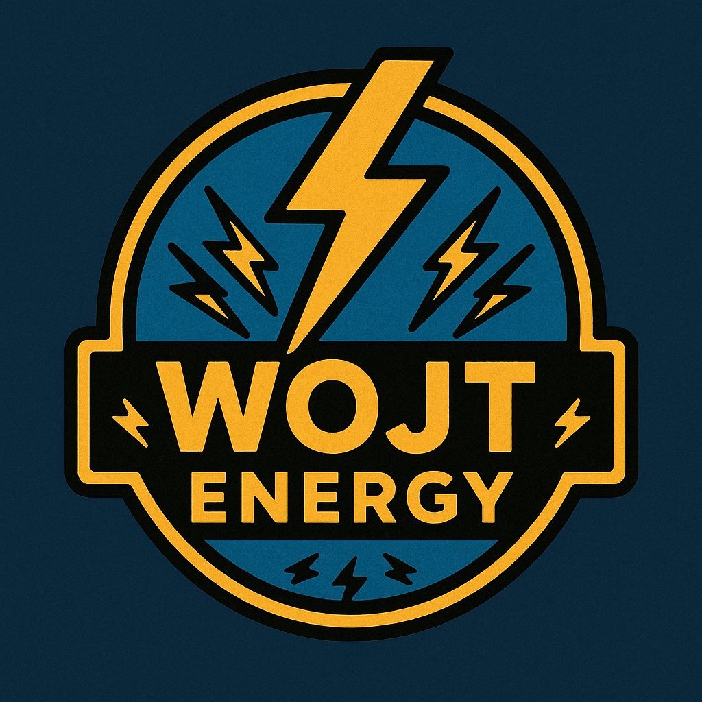 Żółto-niebieskie logo 'WOJT ENERGY' z symbolem błyskawicy na ciemnym tle. Nowoczesny design, energia i elektryczność w jednym znaku graficznym.