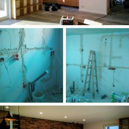 PatArt Wykończenia - Remont kuchni i salonu: widok przed i po. Instalacja elektryczna i hydrauliczna, ściana z cegły, meble kuchenne. Nowoczesne oświetlenie.