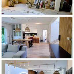 PatArt Wykończenia - Fotografia 'przed i po' prezentująca metamorfozę wnętrza: od surowego stanu remontowego z workami zaprawy do nowoczesnej kuchni z salonem, z elementami drewna i designerskim oświetleniem.