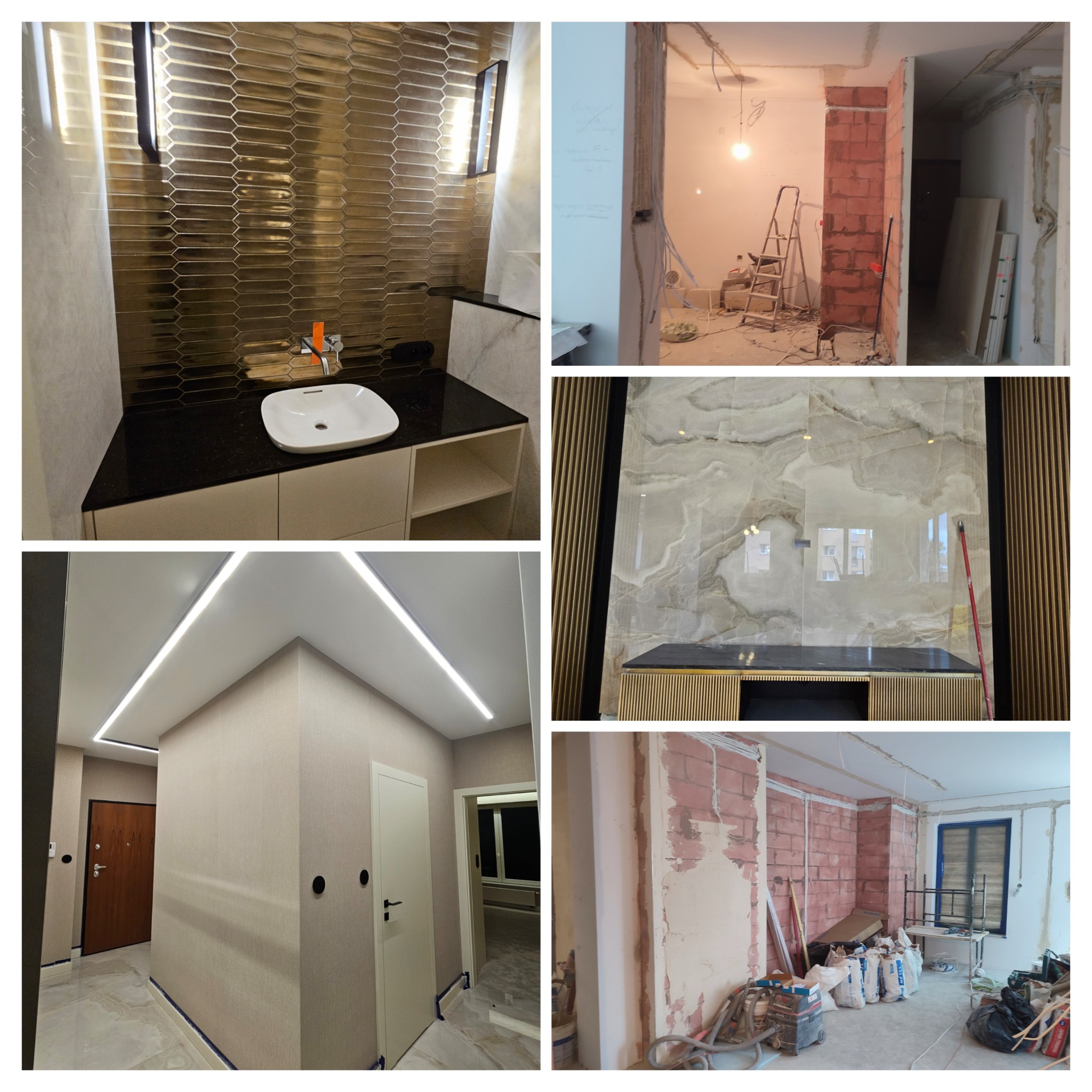 Kolaż z ujęciami wnętrz w trakcie i po remoncie: łazienka z złotą mozaiką, salon z marmurową ścianą, korytarz z oświetleniem LED, surowy mur z instalacjami.