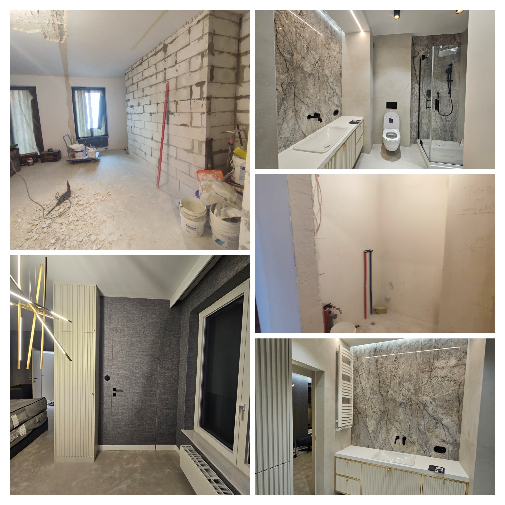 Kolaż zdjęć z różnych etapów remontu: surowy mur, instalacje, wykończona łazienka z marmurową ścianą, pokój z szafą i oknem. Widoczne detale i postęp prac.
