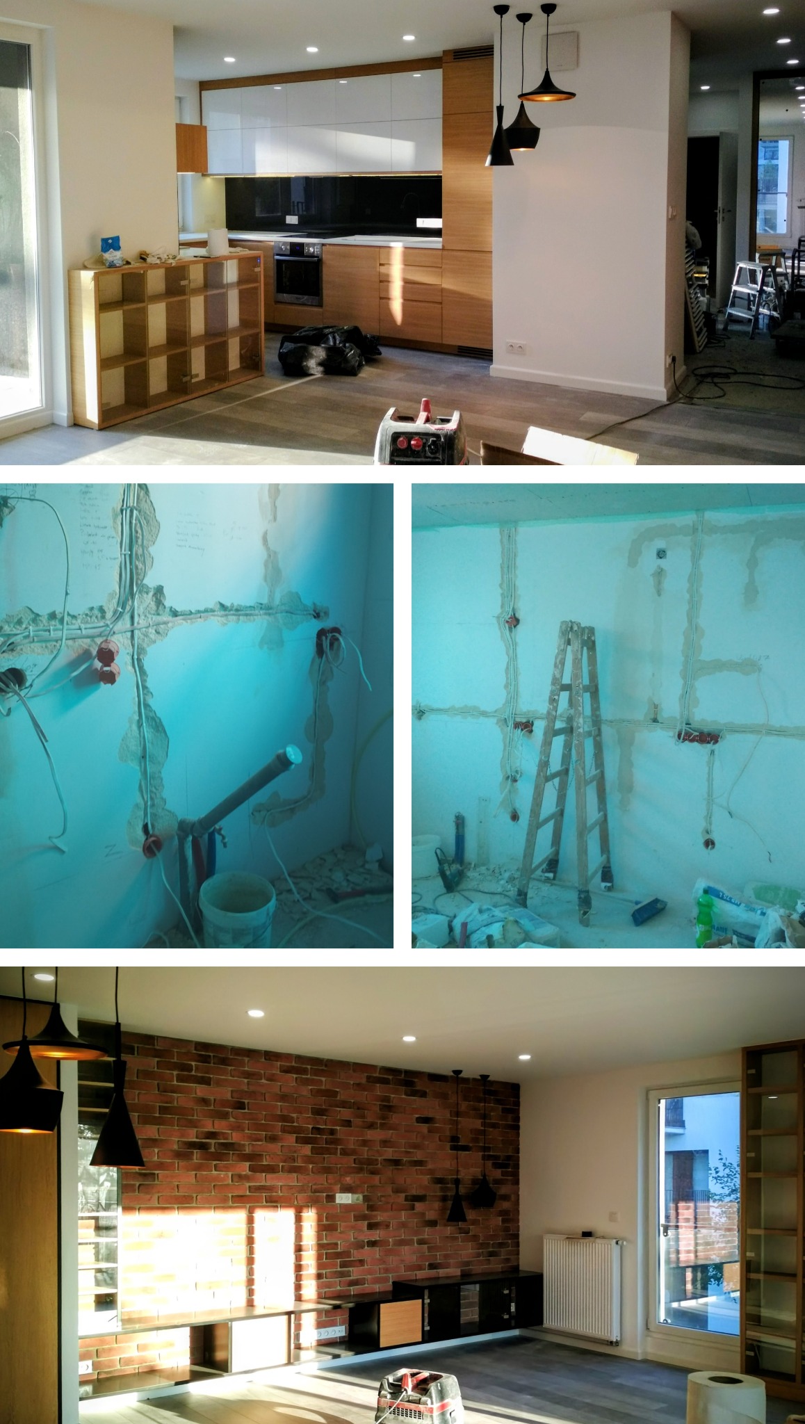 Remont kuchni i salonu: widok przed i po. Instalacja elektryczna i hydrauliczna, ściana z cegły, meble kuchenne. Nowoczesne oświetlenie.