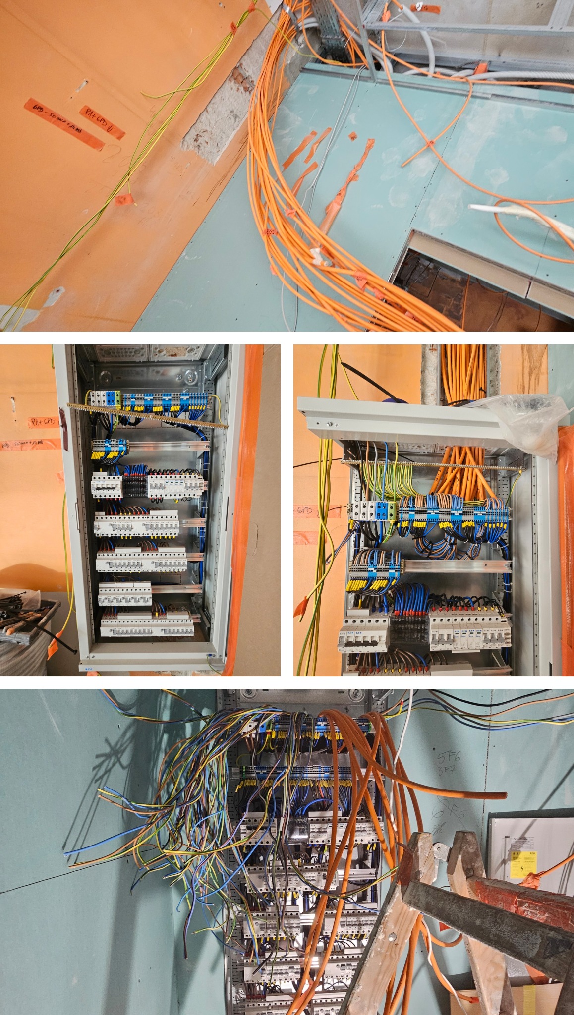 Rozbudowa instalacji elektrycznej w budynku: widok na kable w ścianie, rozdzielnicę i drabiny monterskie. Prace w toku, instalacja w trakcie podłączania.