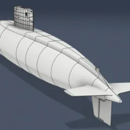 Model 3D okrętu podwodnego w kolorze białym, z wyraźnie zaznaczonymi liniami konstrukcyjnymi, na jednolitym, szarym tle. Widok z góry, ukośny.