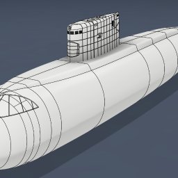 Kamil Piaścik - Model 3D okrętu podwodnego z wyraźnie zaznaczonymi liniami podziału, ukazujący etap projektowania inżynieryjnego na ciemnym tle.