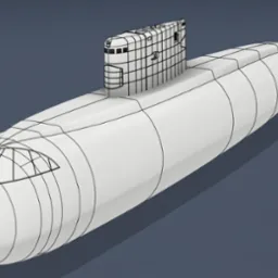 Model 3D okrętu podwodnego z wyraźnie zaznaczonymi liniami podziału, ukazujący etap projektowania inżynieryjnego na ciemnym tle.