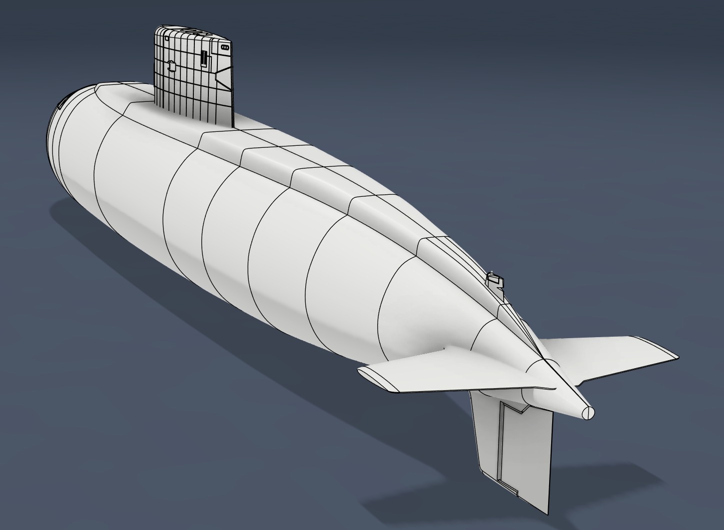 Model 3D okrętu podwodnego w kolorze białym, z wyraźnie zaznaczonymi liniami konstrukcyjnymi, na jednolitym, szarym tle. Widok z góry, ukośny.