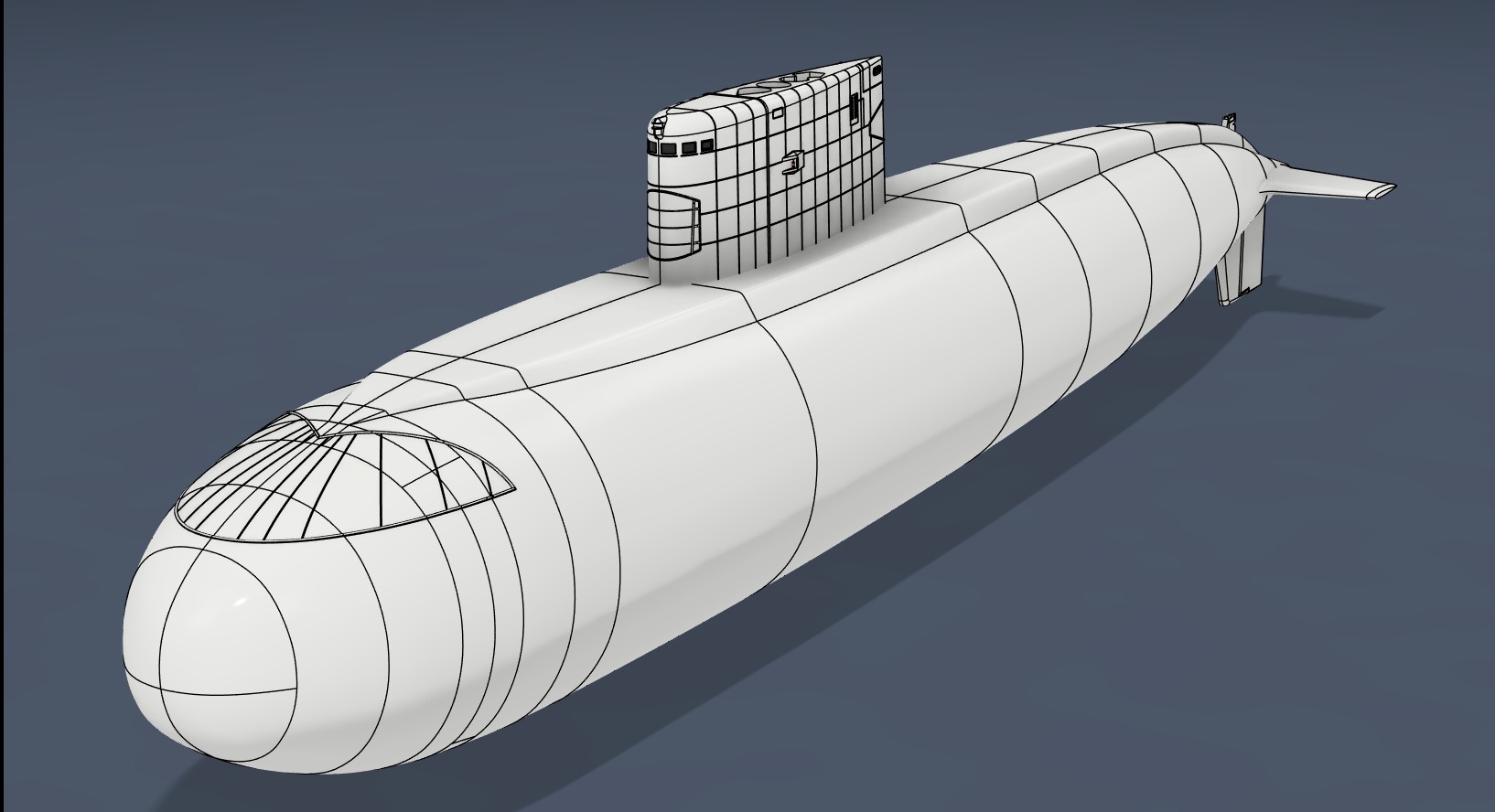Model 3D okrętu podwodnego z wyraźnie zaznaczonymi liniami podziału, ukazujący etap projektowania inżynieryjnego na ciemnym tle.