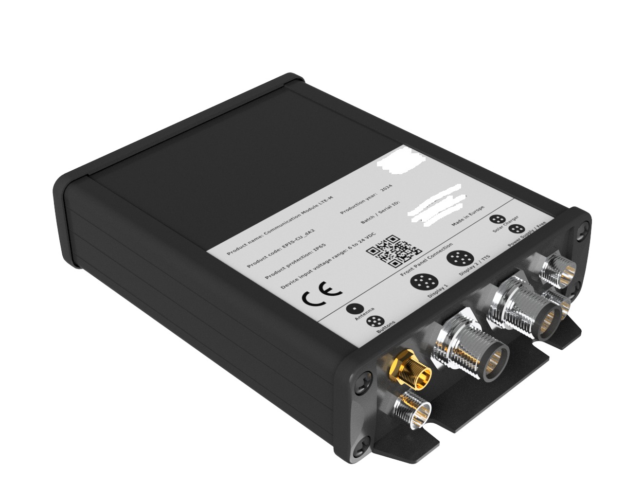Czarny moduł komunikacyjny LTE-M z licznymi złączami, w tym antenowym i zasilania, oznaczony kodem EPIS-CU_dA2 i rokiem produkcji 2024. Widoczne oznaczenie CE.