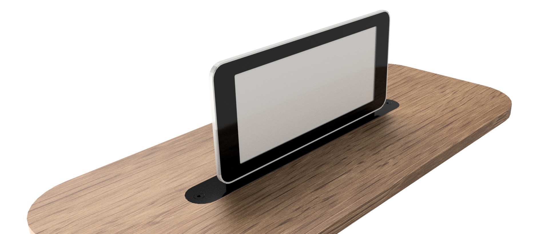 Modelowy ekran dotykowy wbudowany w drewniany blat, prezentujący minimalistyczny design i integrację z meblami.