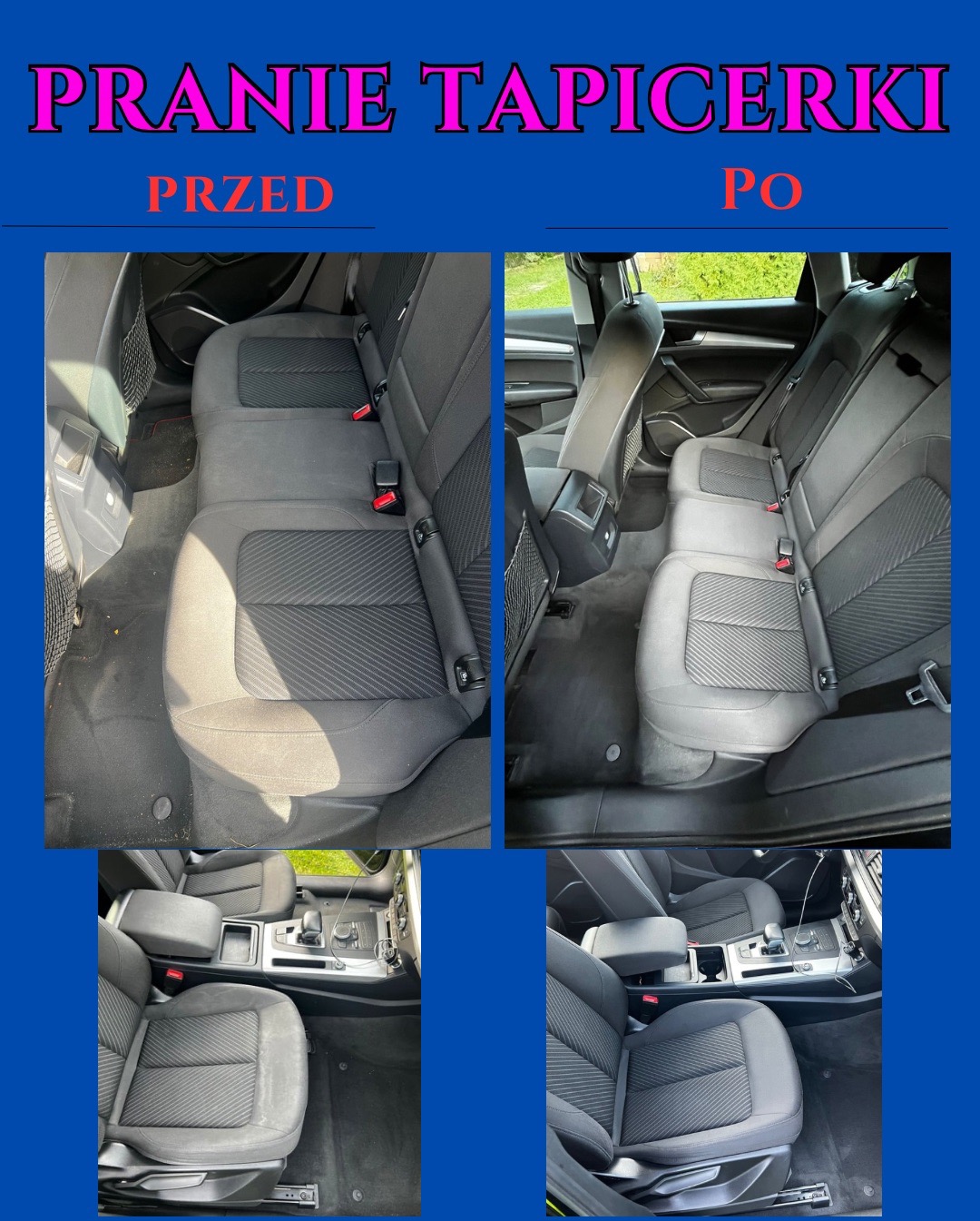 Tapicerka samochodowa przed i po praniu. Widoczne różnice w czystości na siedzeniach i dywanikach. Ujęcie wnętrza auta z perspektywy pasażera.