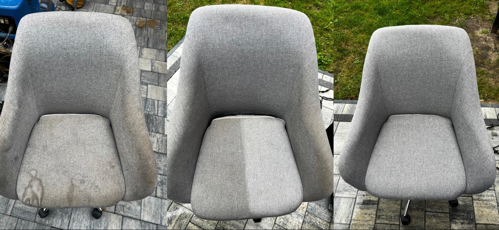 Kompaktowe krzesło biurowe przed i po praniu tapicerki, ukazujące różnicę w czystości. Po lewej widoczne plamy, a po prawej czysta, szara tkanina.