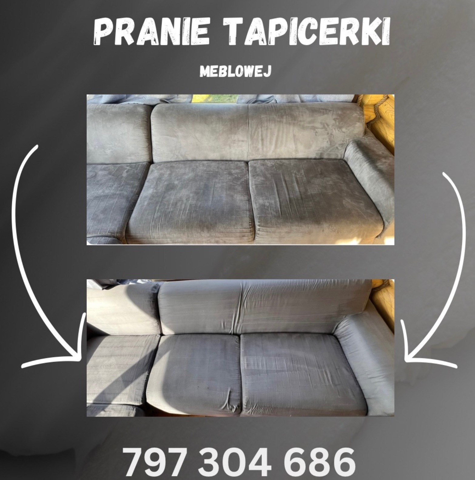 Zdjęcie sofy przed i po czyszczeniu tapicerki, ukazujące różnicę w wyglądzie i świeżości materiału. Widoczne jaśniejsze, czyste obicie po prawej stronie.