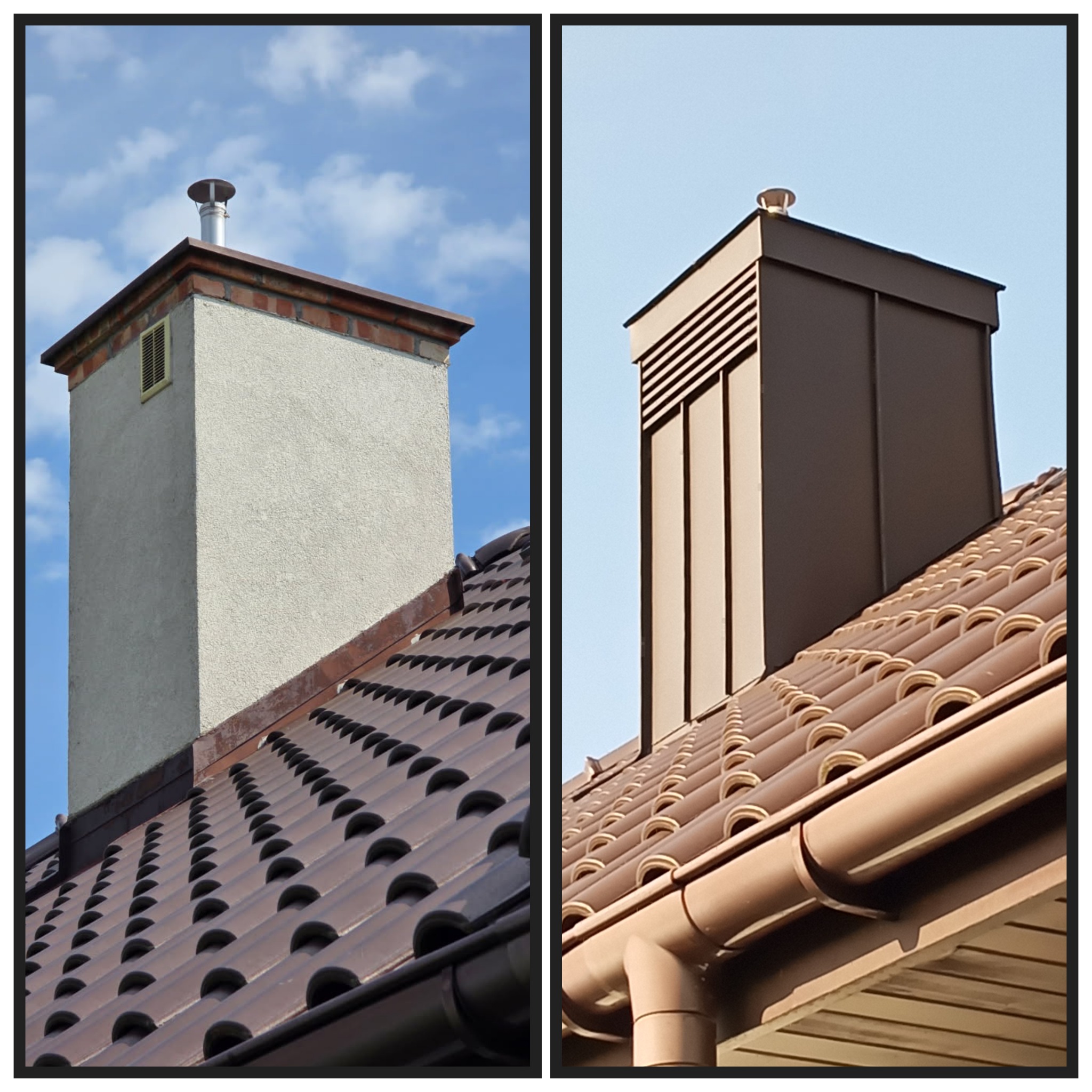 Komin na felc z nową obróbką pod dachówkę z kompensatorem.