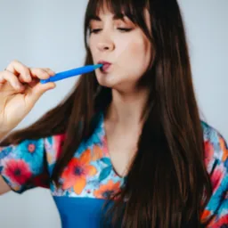 Kobieta w kwiecistej bluzce ćwiczy wymowę za pomocą niebieskiego ustnika. Narzędzie logopedyczne w zbliżeniu. Ćwiczenia artykulacyjne.