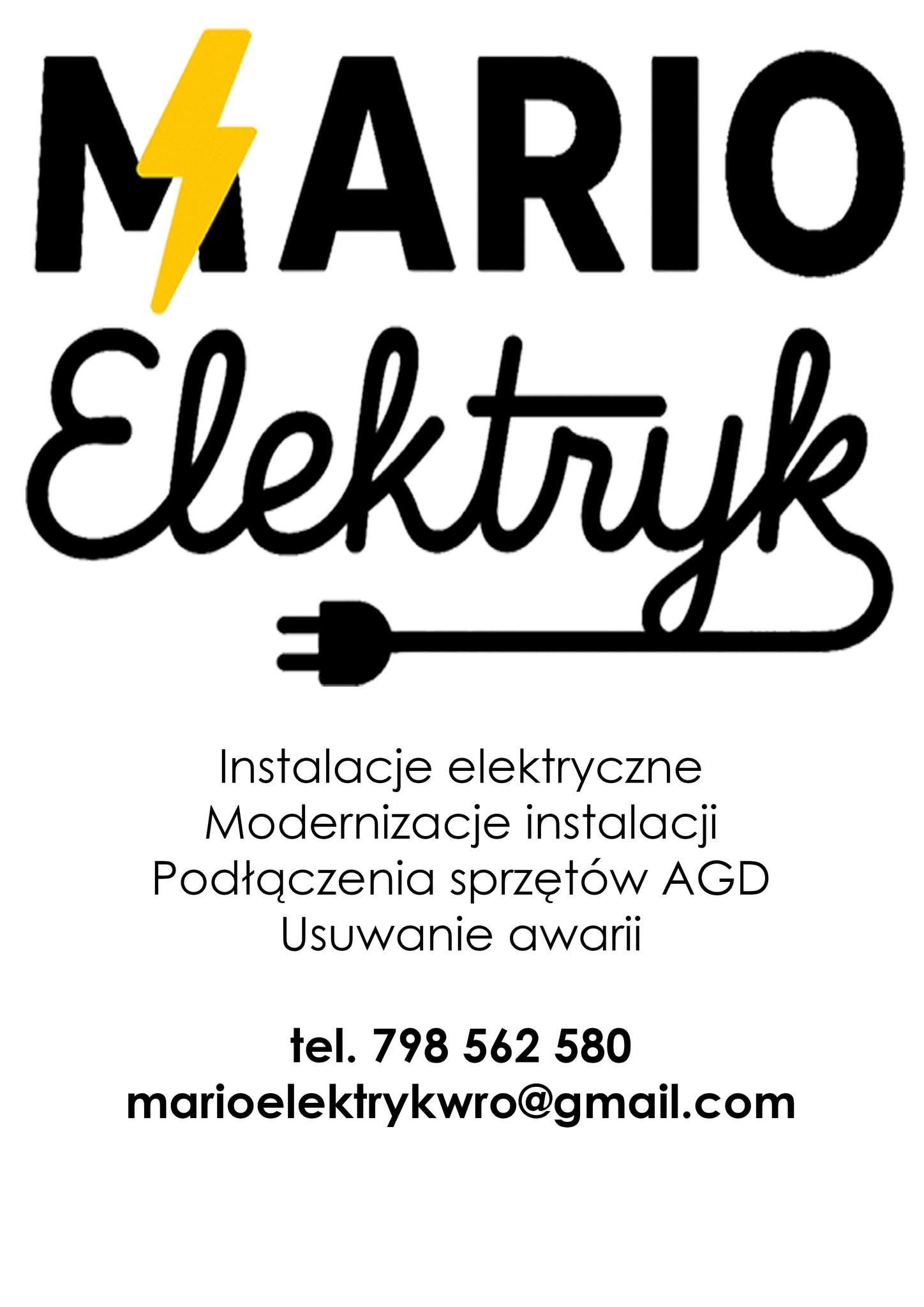 Logo firmy elektrycznej: czarny napis 'MARIO Elektryk' z żółtą błyskawicą i symbolem wtyczki. Pod spodem lista usług i dane kontaktowe na białym tle.