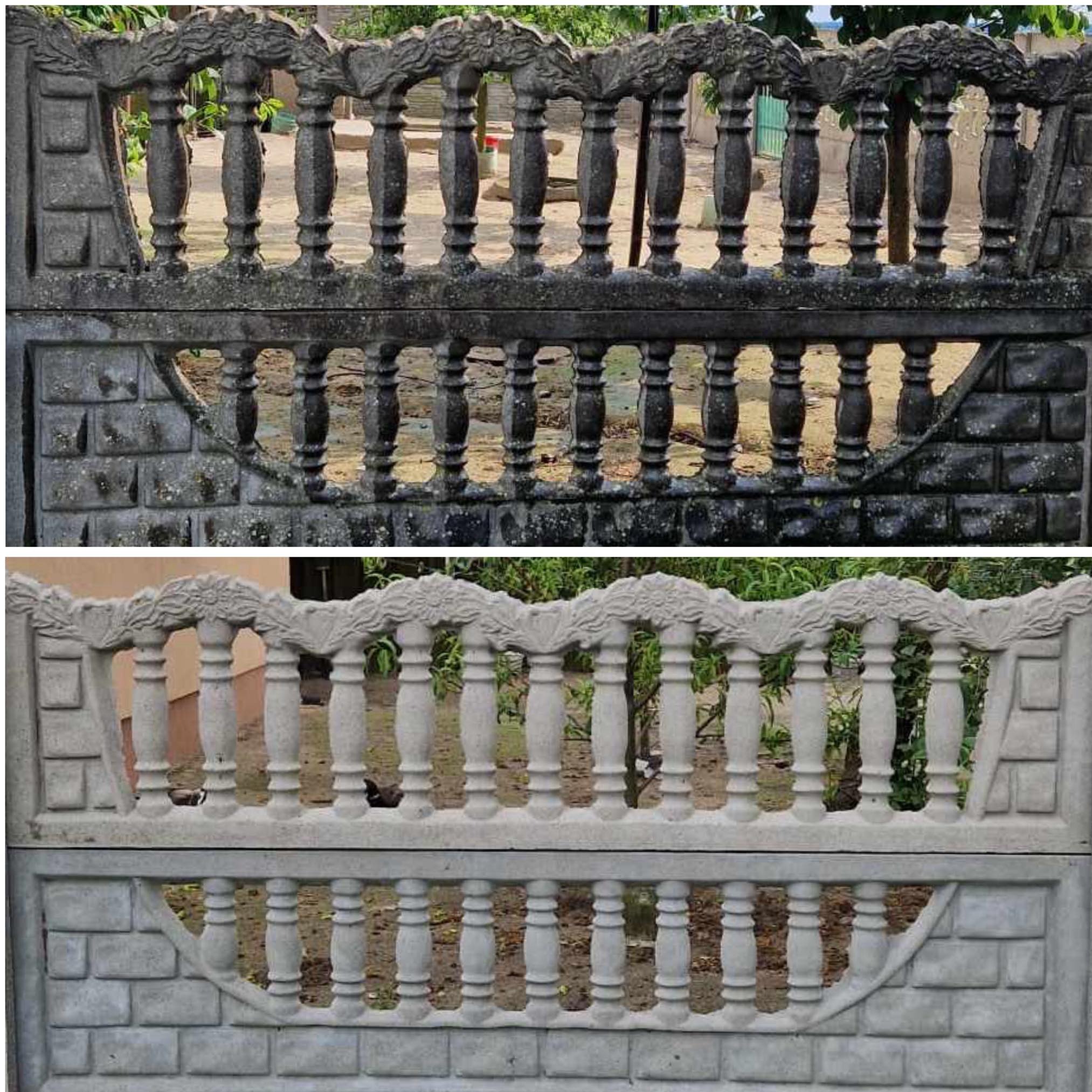 Zdjęcie betonowego segmentu ogrodzeniowego przed i po czyszczeniu. Górna część jest brudna, pokryta mchem, a dolna czysta, w jasnym odcieniu betonu. Dekoracyjne detale.