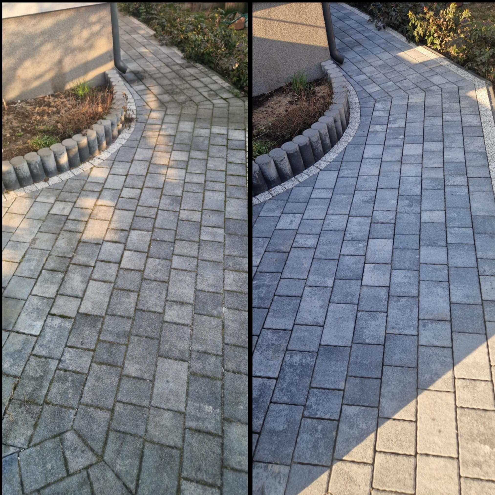 Kostka brukowa przed i po czyszczeniu, widoczne różnice w kolorze i czystości. Po lewej stronie kostka zabrudzona, po prawej czysta, szara. Krawężnik z obrzeżem.