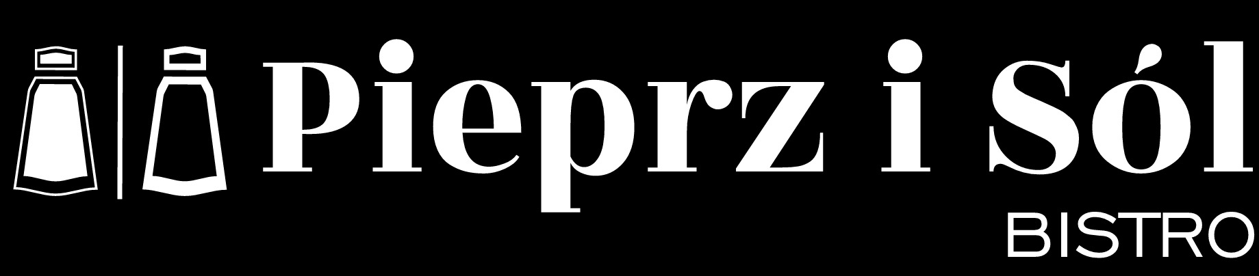 Logo bistro 'Pieprz i Sól' z białymi ikonami solniczki i pieprzniczki po lewej stronie, nazwa lokalu i dopisek 'BISTRO' na czarnym tle.