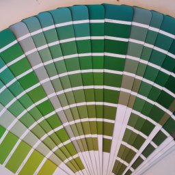 Complex - Paleta odcieni zieleni, wachlarz z próbkami farb ułożony na białym tle. Prezentacja kolorów, od jasnych pasteli po głębokie, ciemne zielenie.