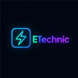 Neonowe logo 'ETechnic' z symbolem błyskawicy w kwadracie, gradient kolorów od zieleni do fioletu na czarnym tle. Nowoczesny design dla branży elektrycznej.