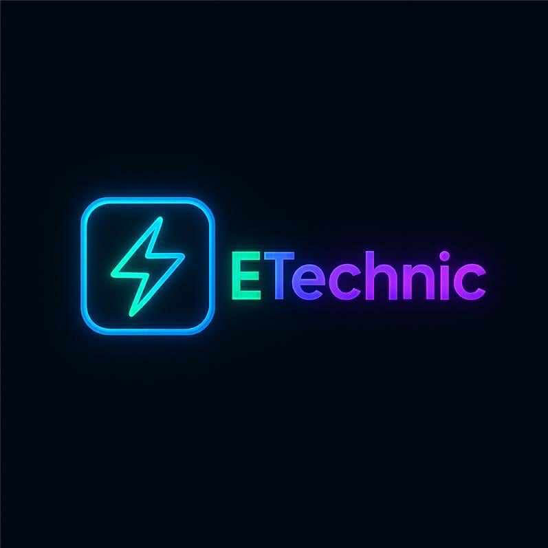 Neonowe logo 'ETechnic' z symbolem błyskawicy w kwadracie, gradient kolorów od zieleni do fioletu na czarnym tle. Nowoczesny design dla branży elektrycznej.