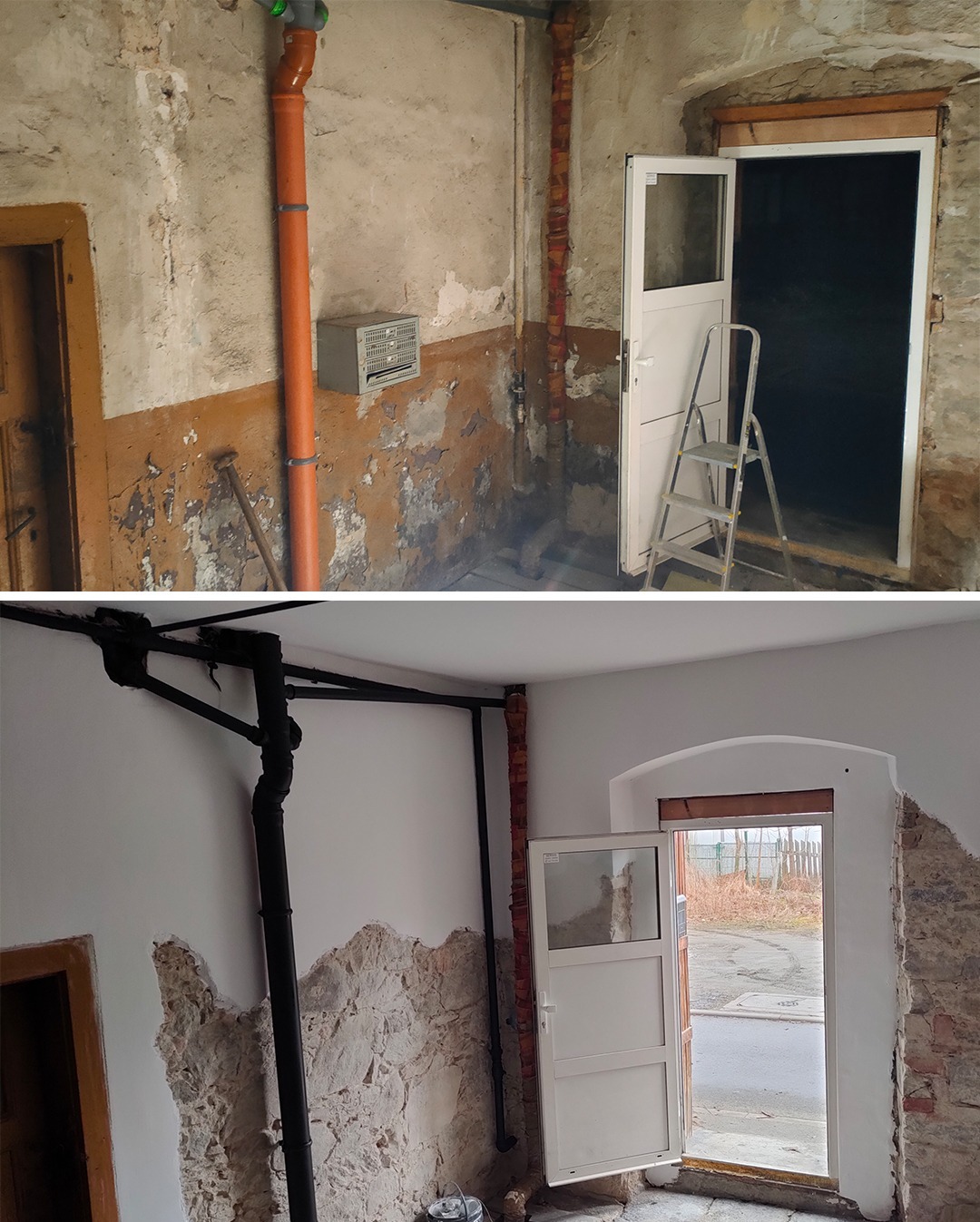 Porównanie stanu piwnicy przed i po remoncie: od surowych ścian z instalacjami do odnowionych, pomalowanych na biało, z nowymi drzwiami i instalacjami.