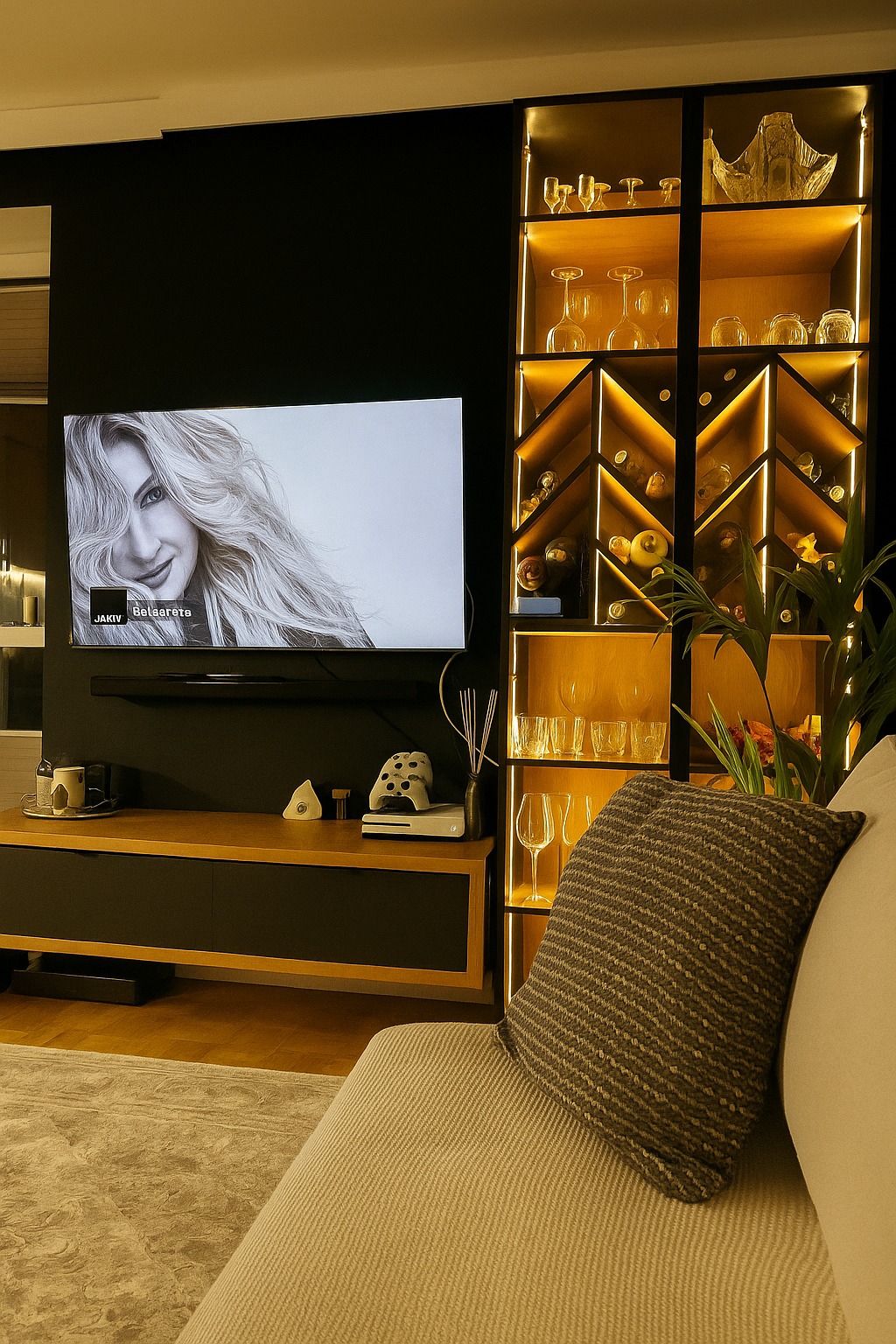 Nowoczesny salon z podświetlaną szafą na alkohole i dekoracje, telewizorem oraz konsolą do gier. Szafa z geometrycznymi przegródkami i ciepłym oświetleniem LED.