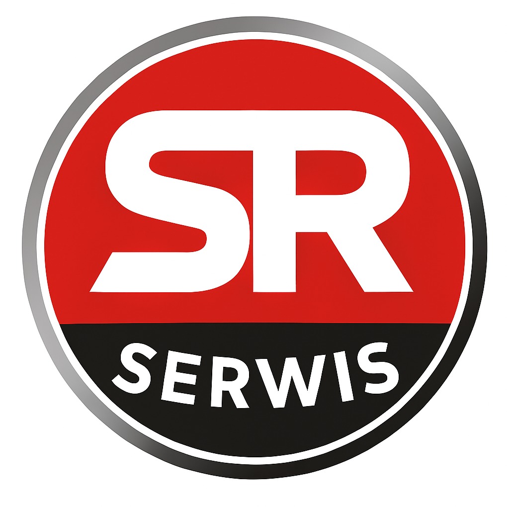 Logo SR Serwis: biały napis na czerwono-czarnym okręgu z szarą obwódką. Nowoczesny, minimalistyczny design.