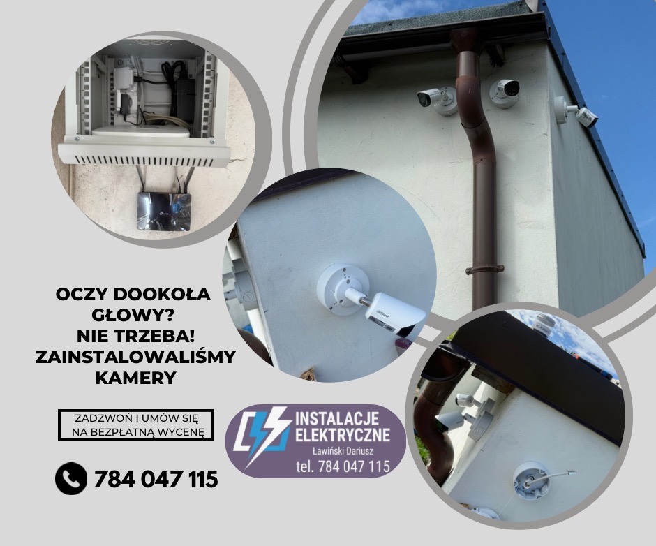 Instalacja kamer przemysłowych Dahua na elewacji budynku. Widoczne okablowanie i skrzynka zasilająca. Ujęcie z dołu podkreśla rozmieszczenie kamer.